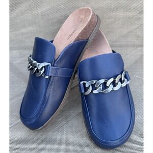 Vionic Georgie Leather Mules Women Slip On Chain Comfort Flats Clogs Blue 8.5
